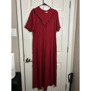 Traffic People Red Wide-Leg Jumpsuit Ruffle V-Neck Short Sleeve Medium